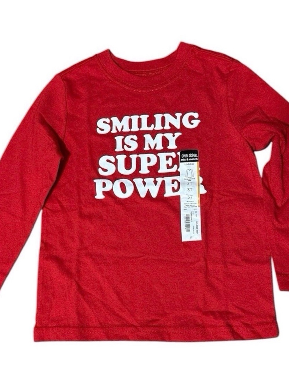 Okie Dokie Toddler Shirt 3T Red Long Sleeve Smiling Is My Superpower NWT New